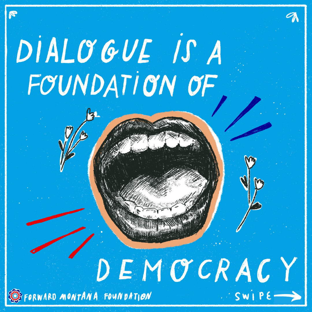light blue backdrop on hand illustrated image of an open mouth in black and white, with 'dialogue is a foundation of democracy' written around it